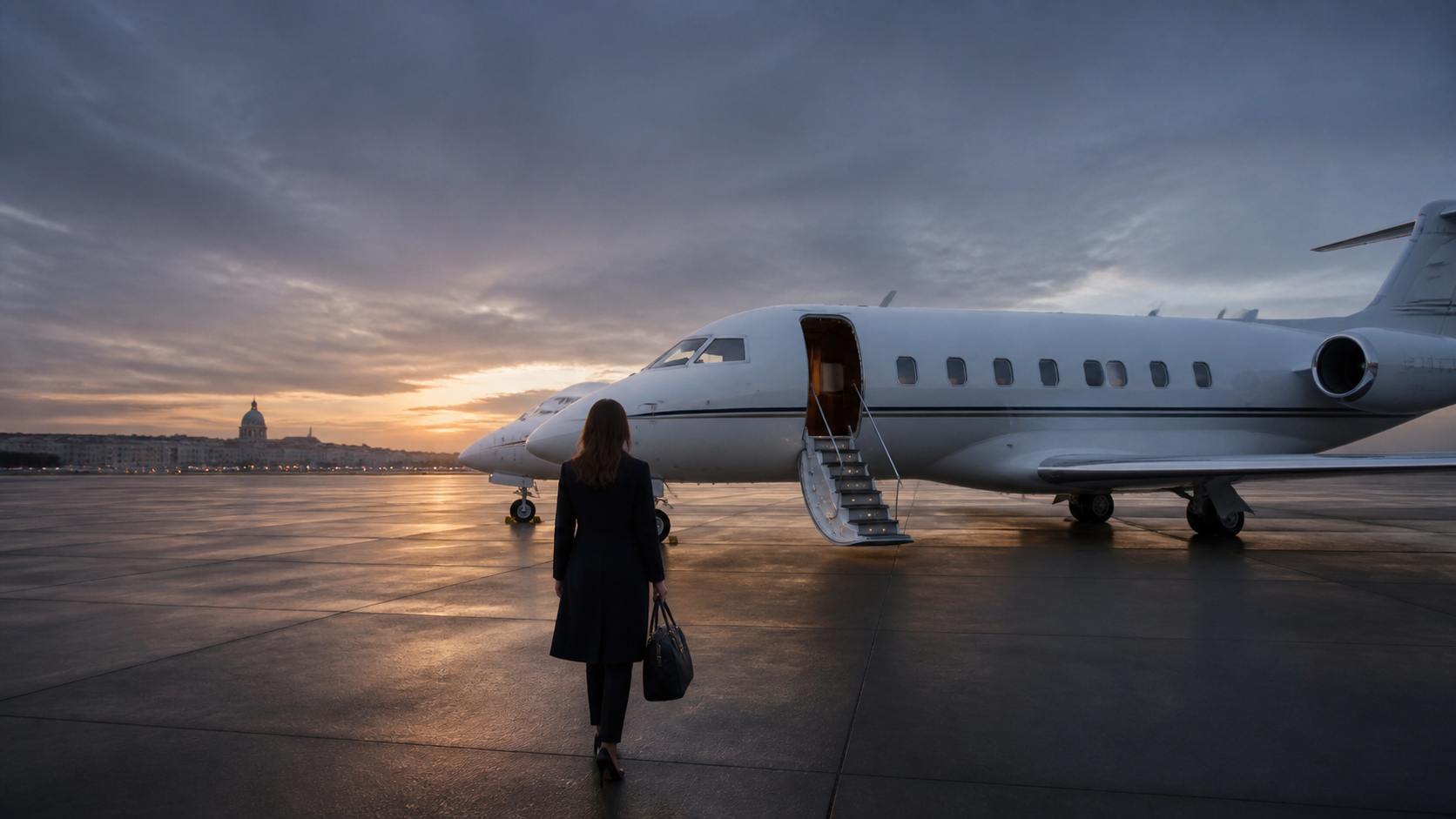 A passenger walking towards a private jet on the ramp at dusk